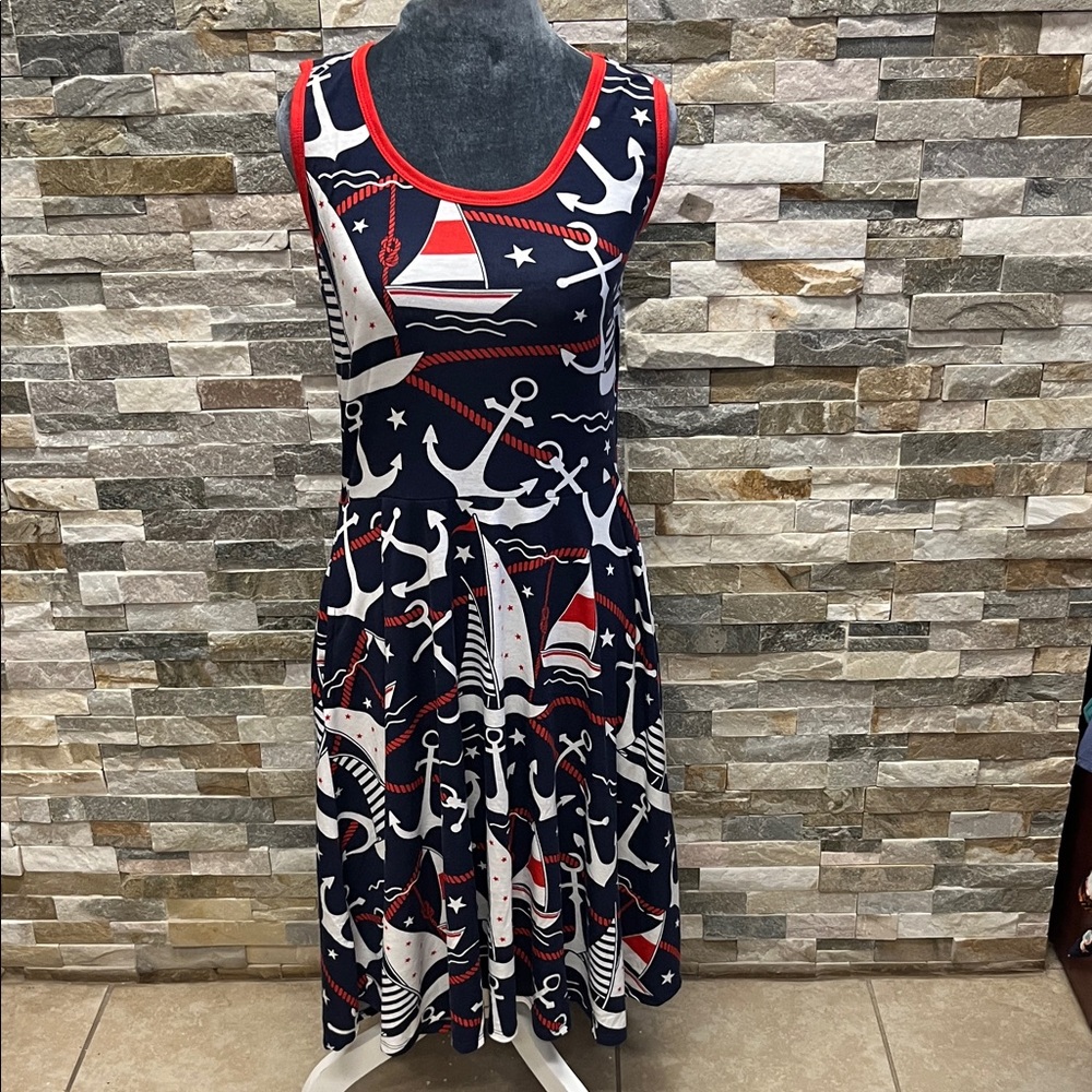 NEW LuLaRoe Nautical Anchor Print Midi Dress - Navy and Red